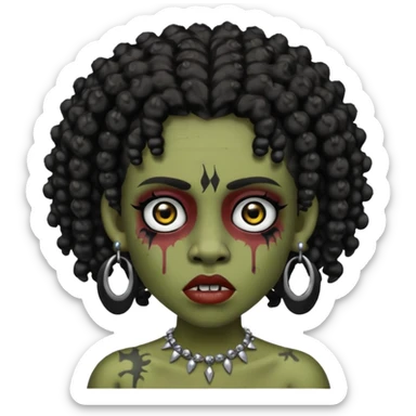 Zumbi with black and curly hair, studded earrings on both ears, black eye sticker