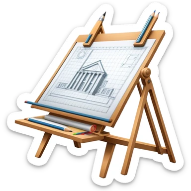 Sleek icon for Architecture: engineer's drawing board with 3D model of the building,  pencil, architect's easel, rulers and protractor. Transparent background. sticker