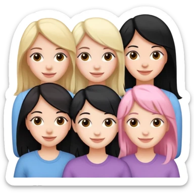Girlfriend emoji - 5 white girlfriends, two with black hair, one with medium blonde hair, one with  pale pink hair,  sticker