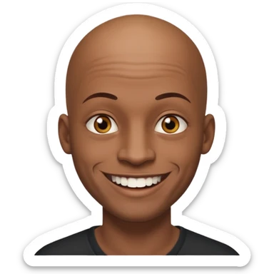 This is a cartoon-style avatar of a bald man with dark skin, golden-brown eyes, and facial tattoos, smiling with a friendly expression. sticker