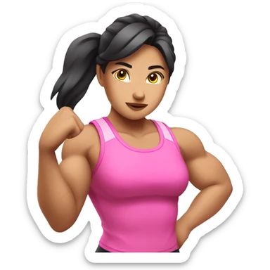 Athletic Asian girl show biceps wearing pink sticker