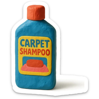 bottle of carpet shampoo with bright label and visible fingerprints, claymation style sticker