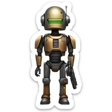 smiling bounty hunter protocol droid wearing backpack, saddlebags and light saber ready to fight sticker