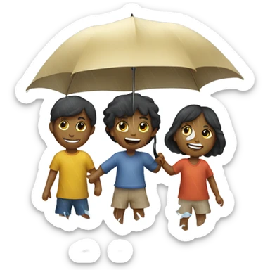 3 kids with a umbrella playing with a paper ship in the rain sticker