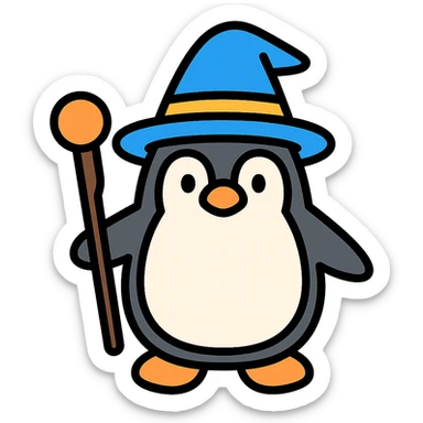 penguin wizard with a staff and wizard hat, color outline icon sticker