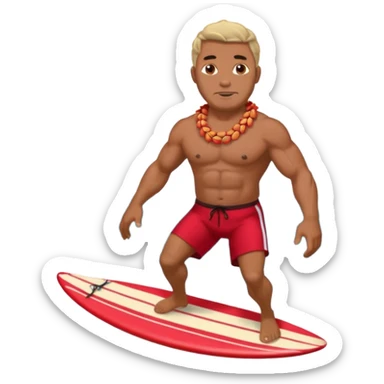 Dark muscular 45 year old man with red shorts and shell lei surfing sticker