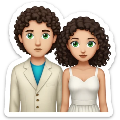 One tall man with light skin, green blue eyes, dark hair and one girl with tan skin and curly dark hair and brown eyes wearing a white midi dress  sticker