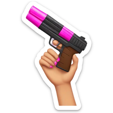 brown hand with pink nails holding large scary dark nerf gun sticker