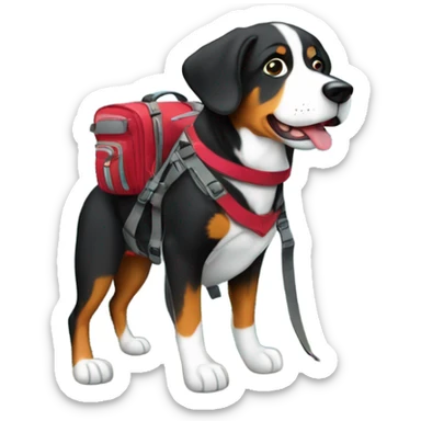 A greater Swiss mountain dog hiking up a cliff with her own doggy backpack sticker