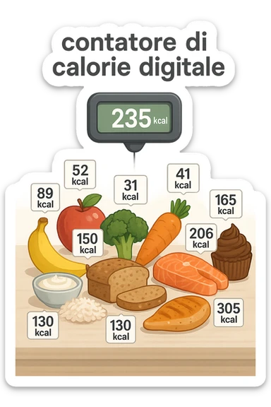 a digital calorie counter hovers above a variety of foods arranged on a table—fruits, vegetables, grains, meats, and desserts. Each food has a floating label showing its calorie content. The background is clean and modern, emphasizing the educational aspect of calorie awareness. scritto in italiano sticker
