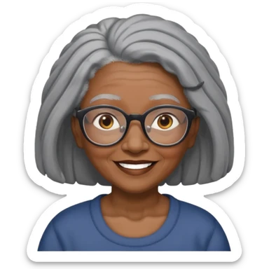 emoji of a black grandma with long hair that reaches past shoulder black and gray hair with glasses and brown eyebrows sticker
