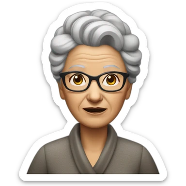 An elderly woman with raised eyebrows and a dissatisfied face. She has dark hair that is pulled back into a bun, and she also wears cat-like glasses. sticker