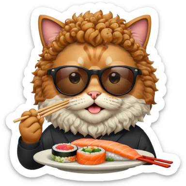 HAPPY CAT WITH CURLY HAIR AND A BIG BEARD wearing sunglasses and eating sushi sticker