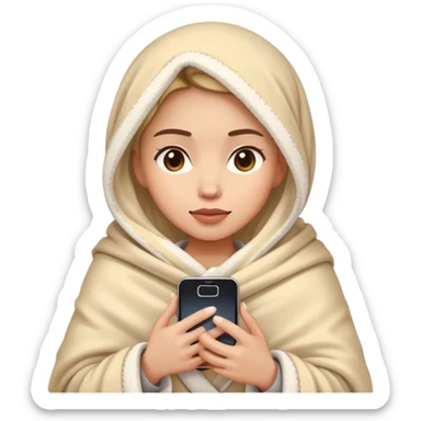 Hyper-realistic woman wrapped in a soft, cozy blanket, holding a smartphone, expressive face, warm lighting, high-quality emoji style sticker
