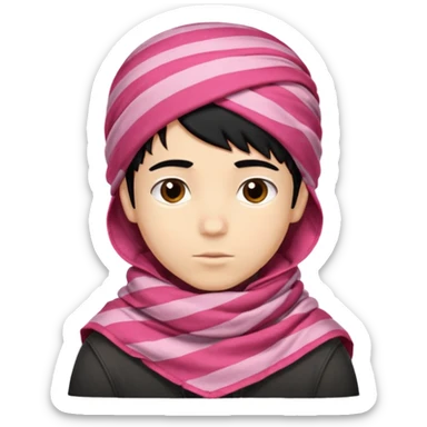 Emoji de un chico con turbante árabe que el chico sea de color piel clara y que tenga cabello negro y de fondo blanco y que tenga un pañuelo árabe de color rojo y con rayas rosas sticker