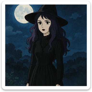 gothic woman with purple hair, witchy touch, standing in moonlight, ghibli style sticker