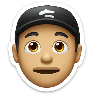 lip bite, squinting eyes, raised eyebrows, rubbing hands together, black cap sticker