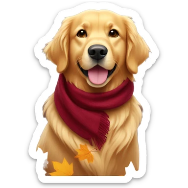 Golden retriever wearing a burgundy scarf while autumn leaves are falling  sticker