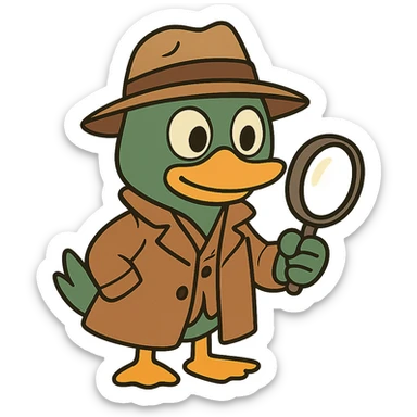 Make this mallard duck detective match the style and outfit of the first image: cute, cartoon, wearing a trench coat and detective hat, holding a magnifying glass, with no background. sticker