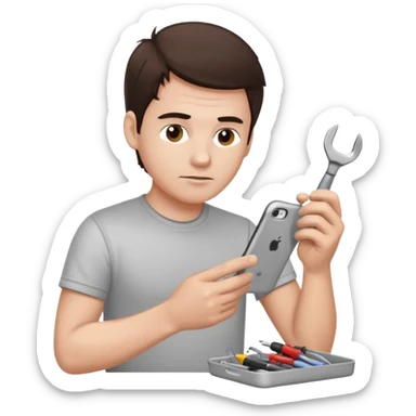make a white guy with dark brown hair, with a simple white o grey shirt, repairing an iphone, un tecnico sticker