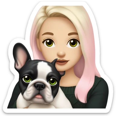 Dirty blonde girl with dark green eyes in black sweater cuddling with her pied french bulldog who has black head with white line between eyes and pink harness sticker