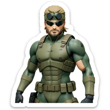 Cinematic Realistic Metal Gear Solid Snake Soldier Portrait, captured in a dynamic, battle-ready stance, muscles defined beneath intricately detailed combat gear in consistent muted greens, browns, and blacks. His determined eyes and rugged features, rendered with dramatic natural lighting and high shine, exude raw, unyielding power, epitomizing the fierce, relentless spirit of a covert operative in the midst of action. sticker