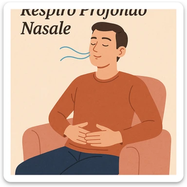 person sitting relaxed with hands on abdomen practicing deep nasal breathing, caption in Italian sticker