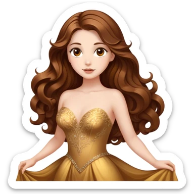 Cinematic Stunning Belle Portrait Emoji, Deep brown eyes full of curiosity, long chestnut hair flowing in soft waves, wearing her golden ballroom gown, glowing with warmth and elegance, a princess whose beauty is as radiant as her mind! sticker