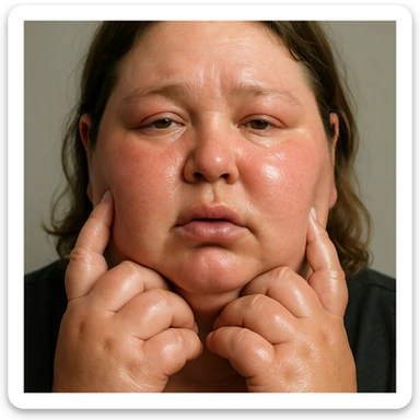 close-up of hyperrealistic woman with swollen face and hands, slightly shiny and reddened skin, signs of water retention, realistic anatomical details, 4K quality, neutral background sticker