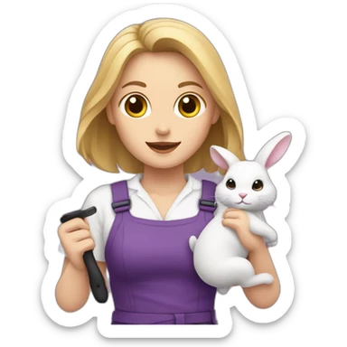 A white woman with purple uniform holding a knife and a bunny with love sticker