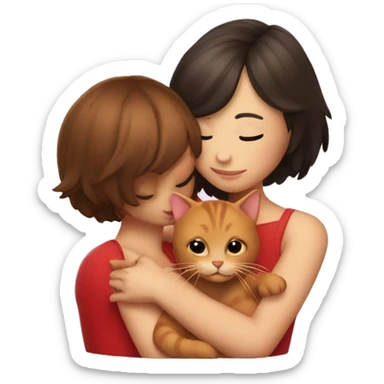 brunette girl with bob hair hugging red cat sticker