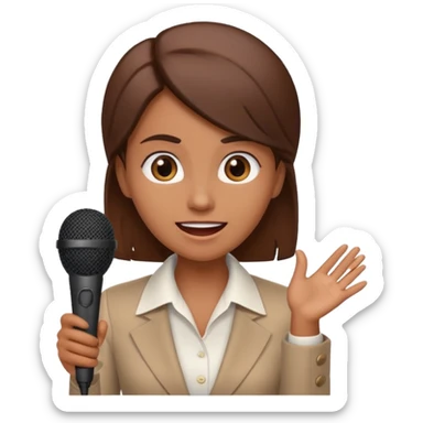 a office woman presenting her idea with microphone stop smiling and got scared with disappointed face
 sticker