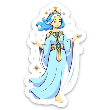 fullbody universe goddess Sophia, Ethereal Light Being, Made of starlight and fractals, Glowing white/gold skin with flowing translucent robes, Hair blue like galaxy mist, Jewelry made of stars and crystals sticker