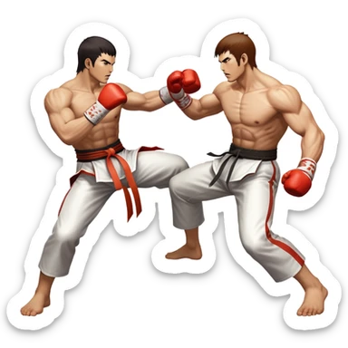 An icon showing two fighters in an intense battle, inspired by Tekken. The design features dynamic poses, with powerful punches and kicks, and a vibrant action-packed background. Health bars are visible at the bottom, showing each player’s status. Transparent background. sticker