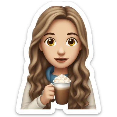 white girl with brown long hair and a hot chocolate sticker