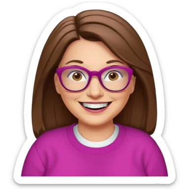 50 yr Caucasian woman, long brown hair parted on side, brown eyes, glasses, big smile, white teeth, fuscia sweater, chubby sticker