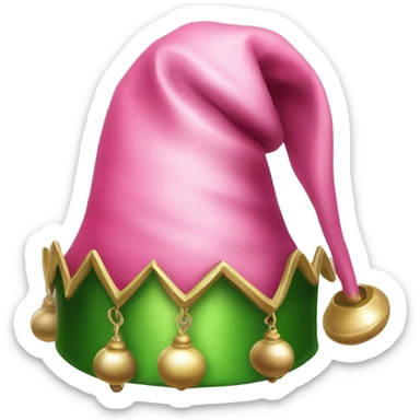 Realistic isolated pink and green elf hat with bells. sticker
