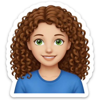 girl with brown hair, green eyes with a blue shirt no background ,young with curly hair smileing long hair sticker