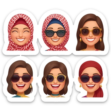 smiling face, cute face, luxury face & loving face, laughing face, beauty face, sunglass face generates 7 different emoji same look like arbic ladys sticker