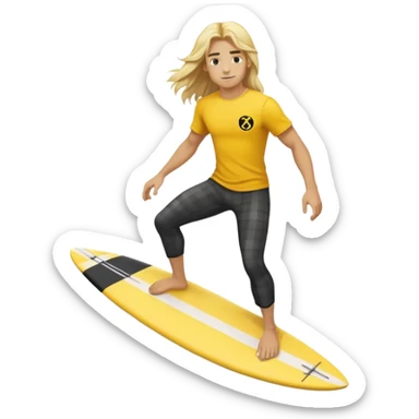 Surfer with long blond hair, yellow t-shirt with black check symbol, black pants. On a yellow and white board sticker