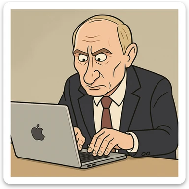 Vladimir Putin typing on a MacBook with exaggerated features sticker