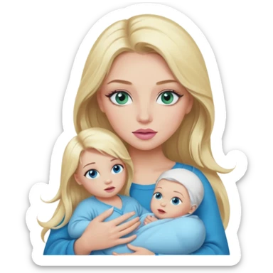 Blonde baddie with long hair Pretty makeup long lashes blue-green eyes ,   light pink lips holding baby Boy with blue eyes sticker