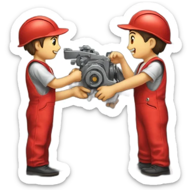 a team of two boys disassembling industrial machinery in red uniforms with an S drawn as a logo sticker