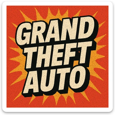 the words 'Grand Theft Auto' in a retro, comic book style, similar to the Grand Theft Auto logo, with bold black outlines and white letters sticker