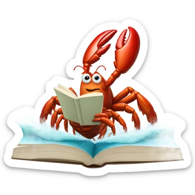 A very large lobster reading fine literature while surfing on a huge wave with and working out  sticker
