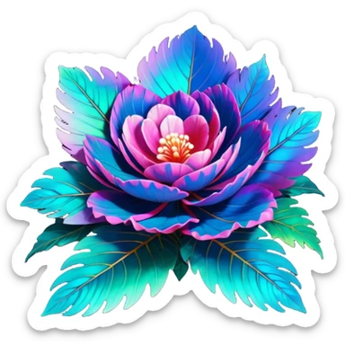 Unrealistic cyberpunk colors of a highly detailed, isolated 3D render, lush full soft appearance, Peacock Begonia feathers sticker