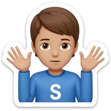 CHICO de pelo CAFE con blusa de mangas largas azules y la parte en medio de la blusa es blanca con una s azul en medio sticker