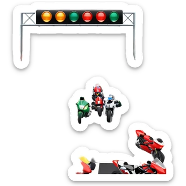 grandstands filled with cheering crowds, checkered flags waving, and traffic lights signaling the start, with a thrilling atmosphere of anticipation and speed. Sporty cars and motorcycles lined up at the starting line, ready to race, with a vibrant racetrack in the background. sticker