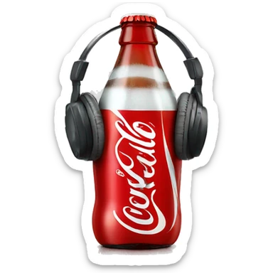 A bottle of coca cola with a face, ears and headphones sticker