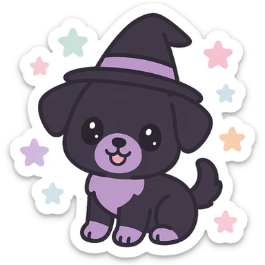 kawaii style magical gothic puppy, smiling face, black and purple fur, wearing a witch hat, surrounded by pastel stars, fun and magical sticker